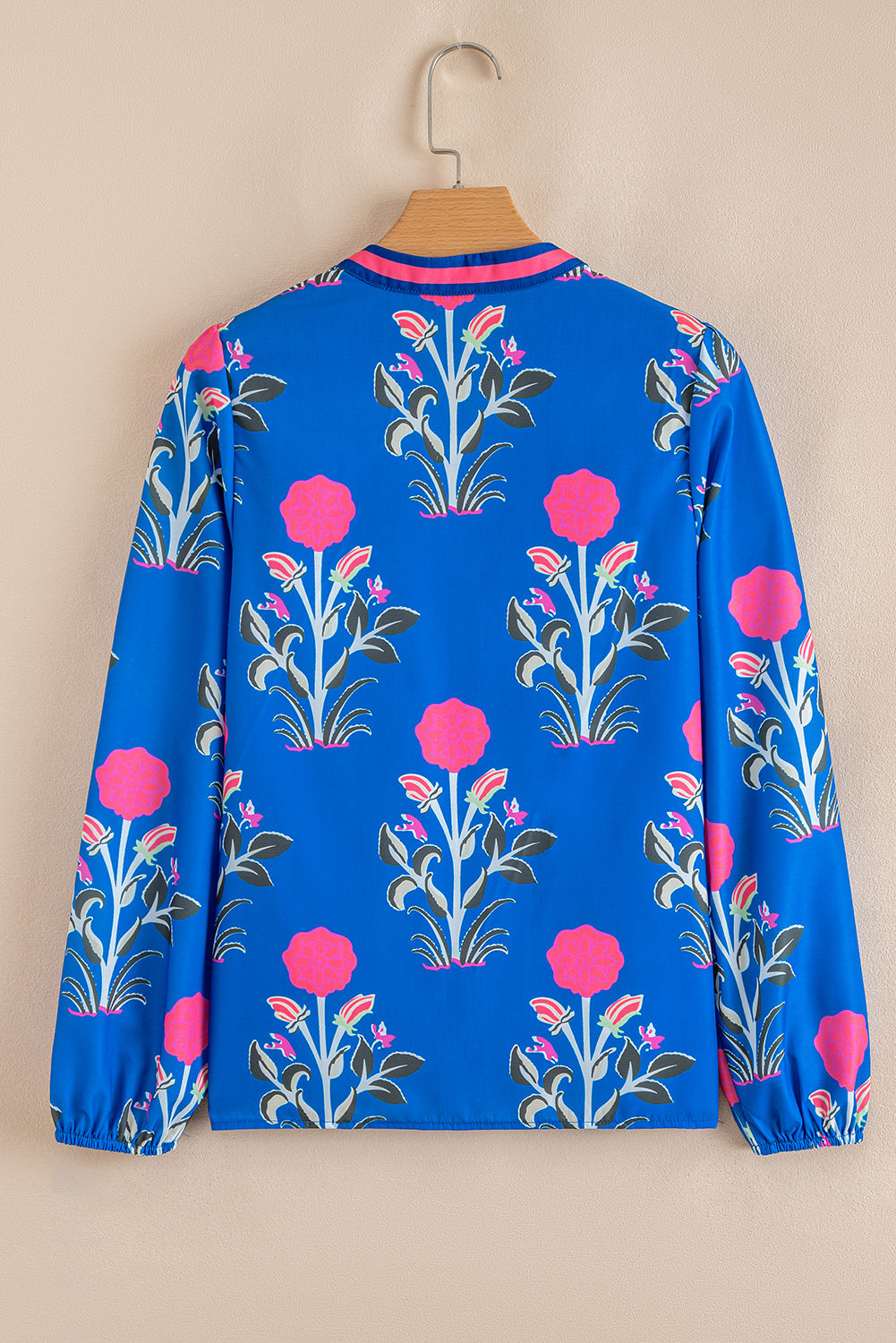 Floral Stripe Trim Notch Neck Long Sleeve Blouse