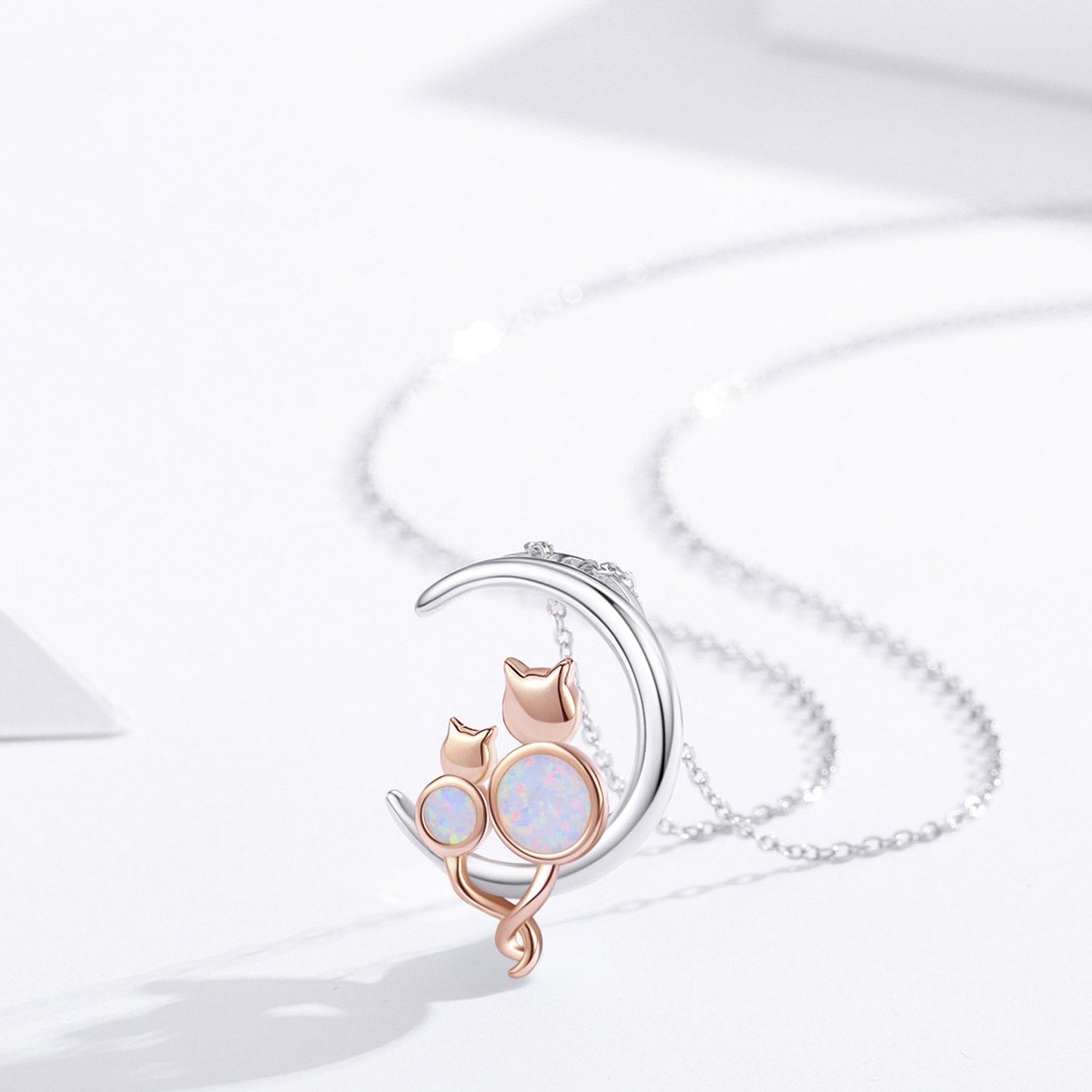 925 Sterling Silver Crescent Moon Opal Cat Pendant Necklace