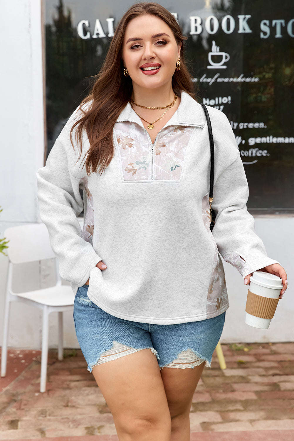 Plus Size Camo Patchwork Zipped Collar Pullover Sweatshirt