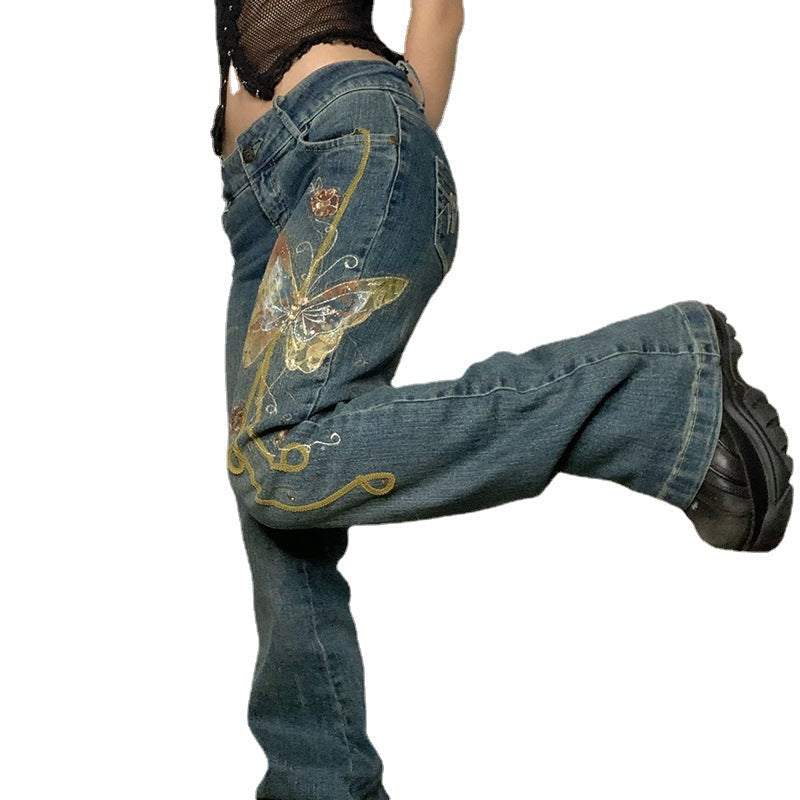 Fashion Women's Sexy High Waist Retro Individual Butterfly Print Bootcut Jeans