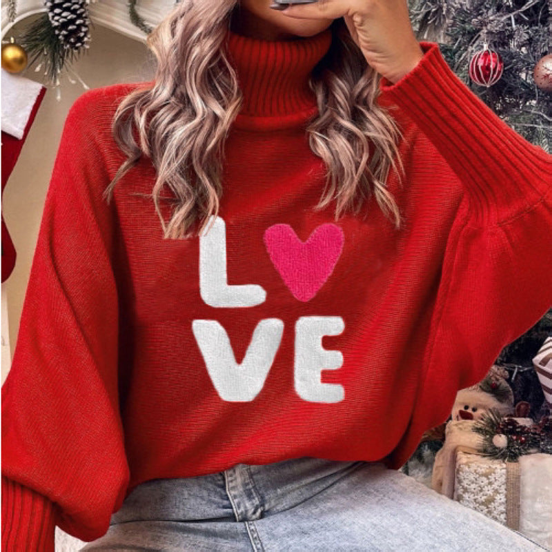 European And American Cross-border Christmas Turtleneck Women's Clothing Amazon Autumn And Winter Loose Bat Sleeve Outerwear Knitted Top Women