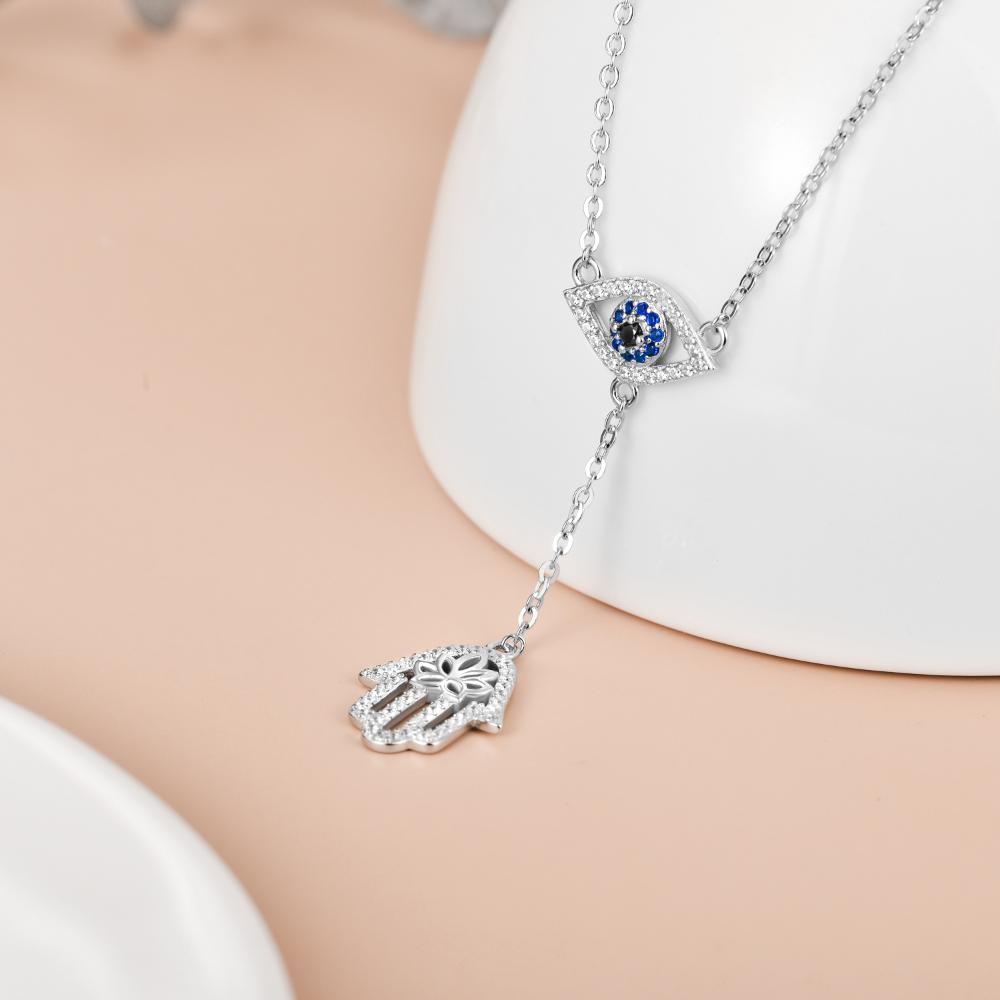 925 Sterling Silver Hamsa Hand Evil Eye Pendant Cubic Zirconia Protection Amulet Necklace