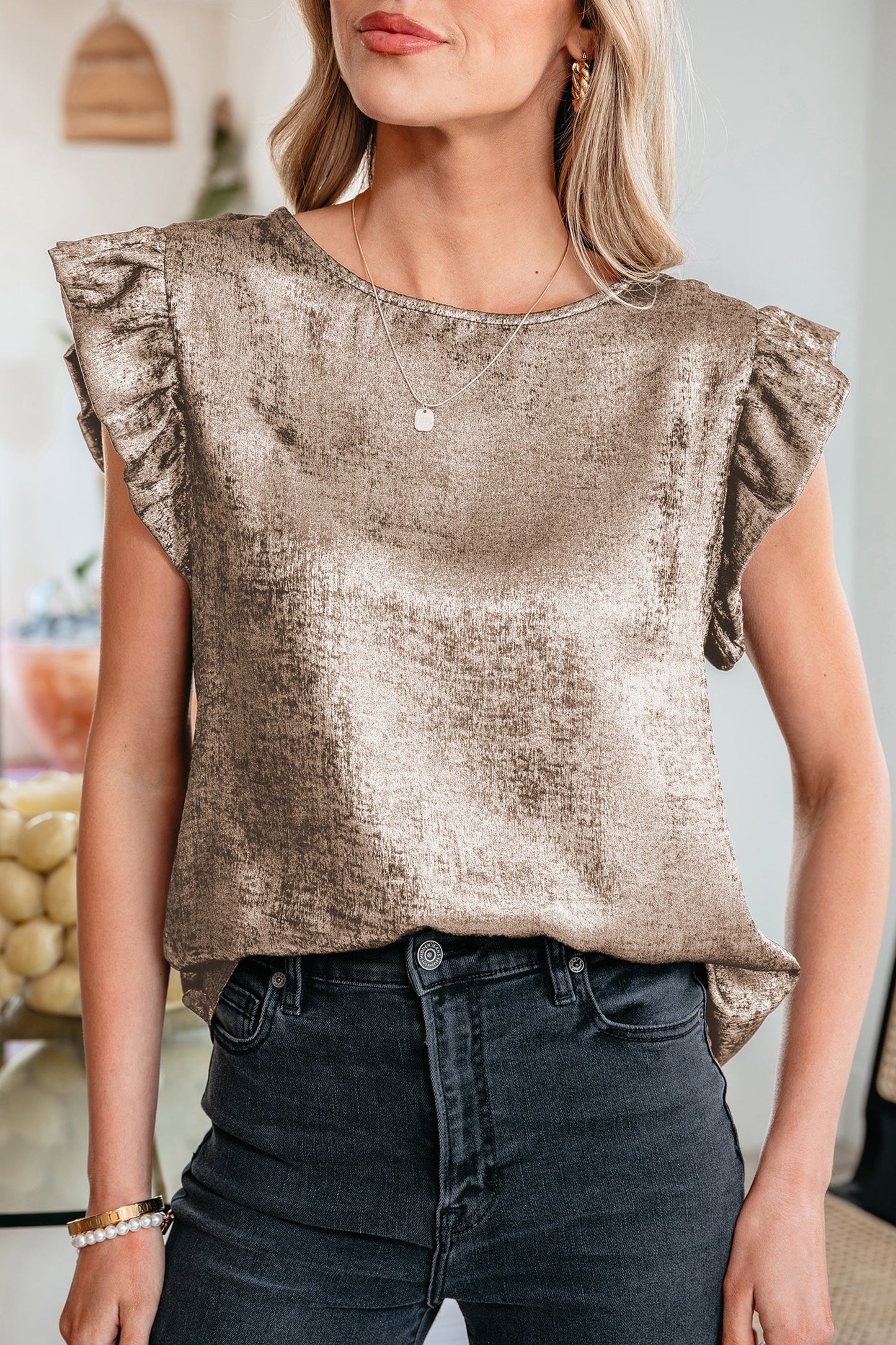 Metallic Ruffle Trim Sleeveless Round Neck Top