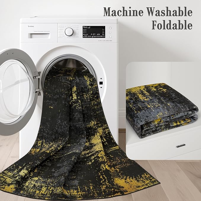 3x10 Washable Runner Rug：Modern Abstract Soft Carpet Black Gold |