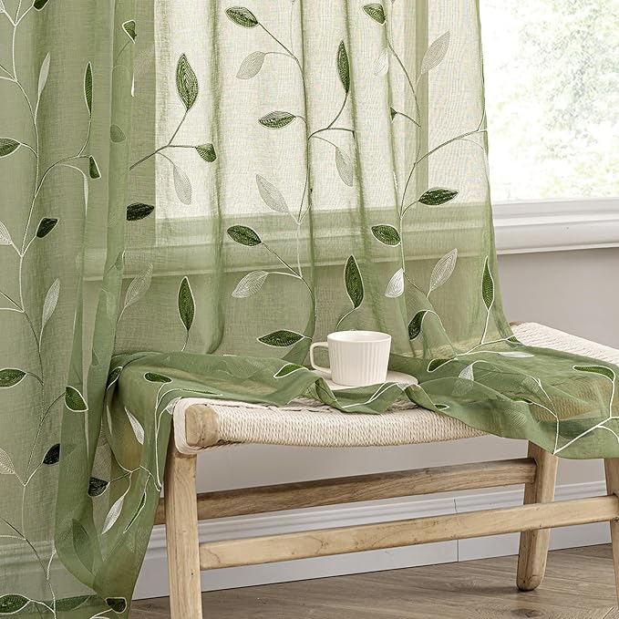 MIULEE Sage Green Sheer Curtains 2 Panels Leaf Patterned, W52 x L84 |