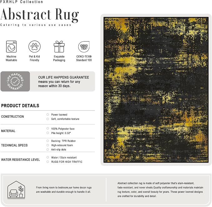 3x10 Washable Runner Rug：Modern Abstract Soft Carpet Black Gold |
