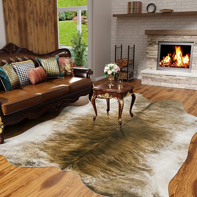 Western Faux Cowhide Rug, Animal Cow Hide Rug, 7 x 6.2 Ft Brownish | Premium