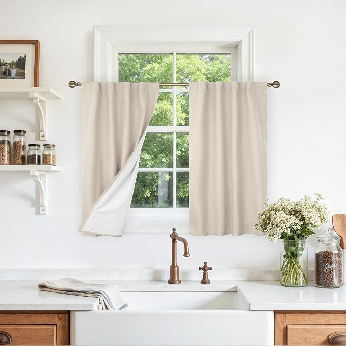 100% Blackout Linen Kitchen Window Curtains 36 Inches 2 Panels | Oatmeal
