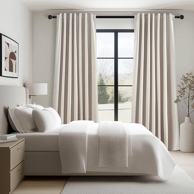 Beige Color Blackout Curtains 90 Inch Long 2 Panels, Back Tab Pleated Heading