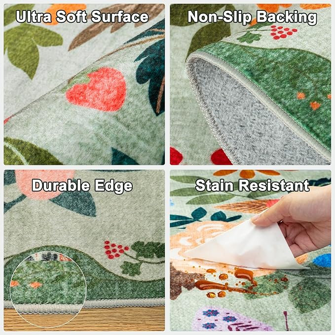 PLHXFR 2.6x14 Washable Runner Rug：Floral Indoor Kitchen Soft Carpet Green |
