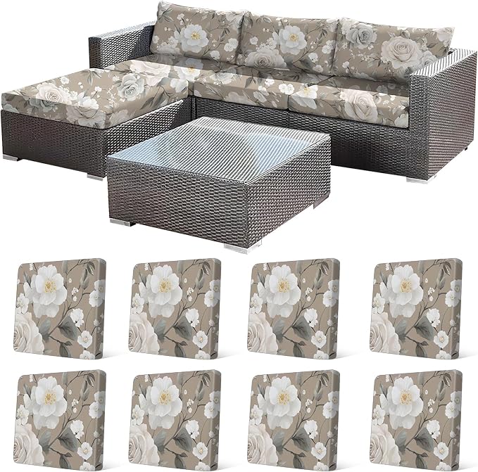CALBODE 8Pcs Stretch Patio Cushion Cover, Vintage Floral Printed Couch & Sofa
