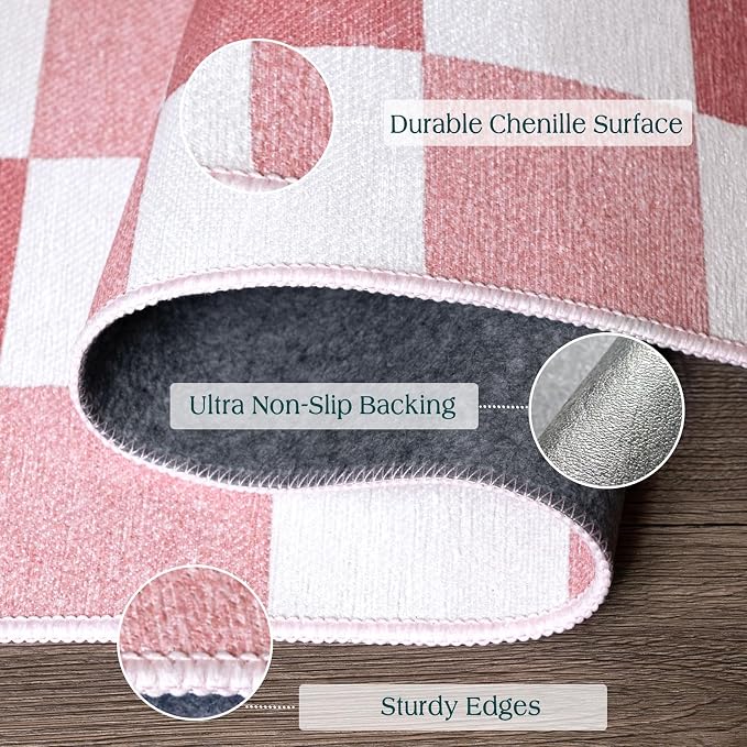 Pink White Checkered Entry Rug
