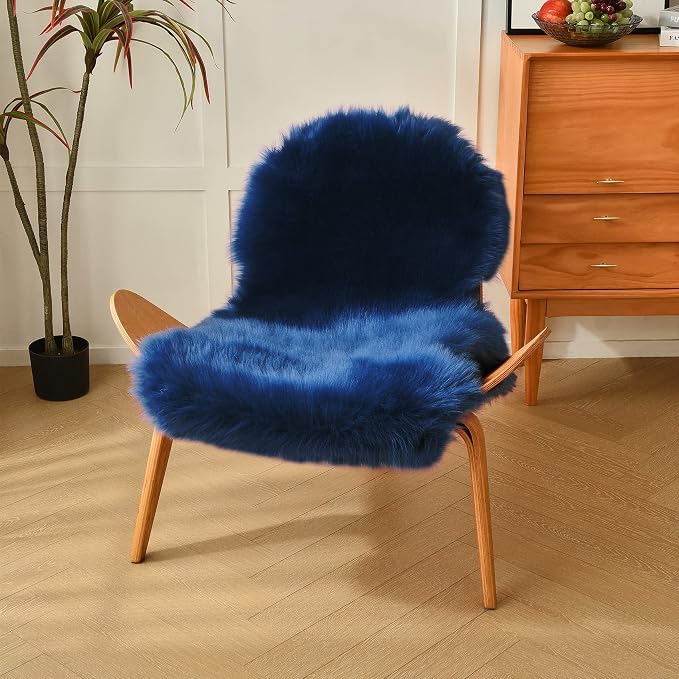 Navy Blue Faux Sheepskin Throw Rug 2x3 ft, Small Fluffy Fur Chair Cover | Shag