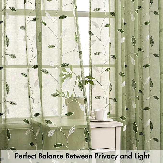 MIULEE Sage Green Sheer Curtains 2 Panels Leaf Patterned, W52 x L84 |
