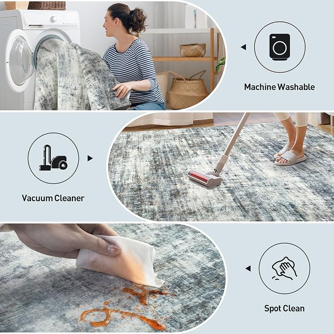 5x7 Area Rugs for Living Room: Washable Abstract Blue Multi Badroom Carpet |