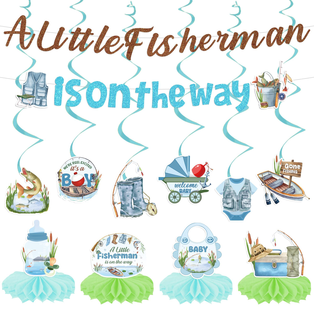 Fishing Baby Shower Decor Set: 2 Banners, 6 Swirls, 4 Honeycomb Decor