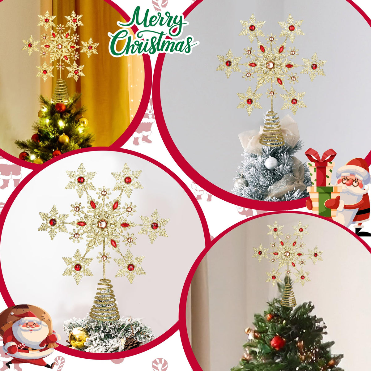 Glittering Gold Snowflake Christmas Tree Topper, 3D Sparkling Metal Snowflake for Xmas Decor, Holiday Party Indoor Decorations