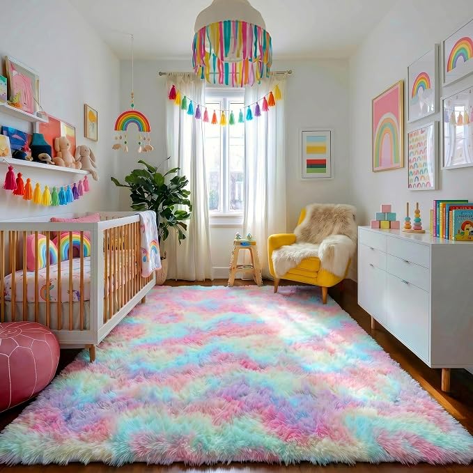 Amdrebio Rainbow Unicorn Large Fuzzy Rug 8x10