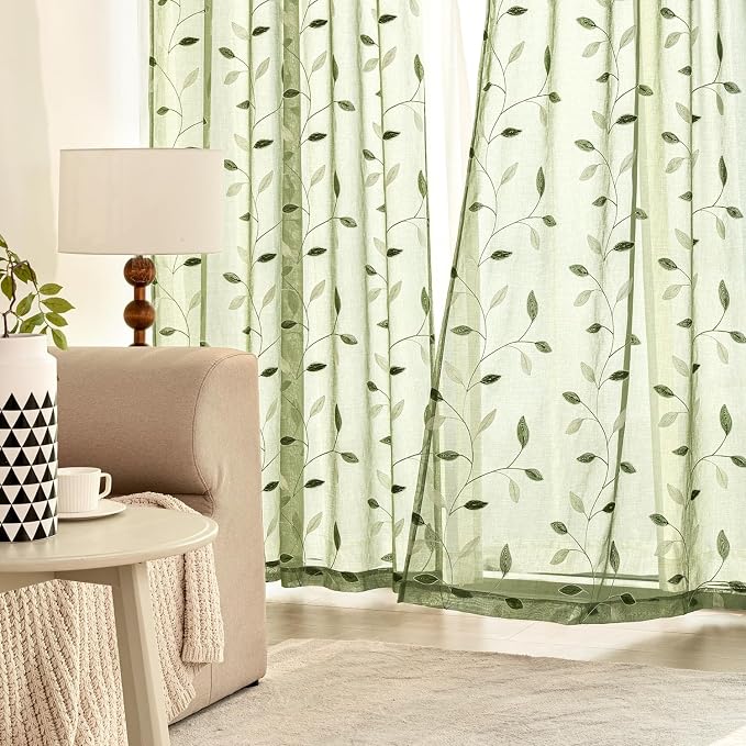 MIULEE Sage Green Sheer Curtains 2 Panels Leaf Patterned, W52 x L84 |