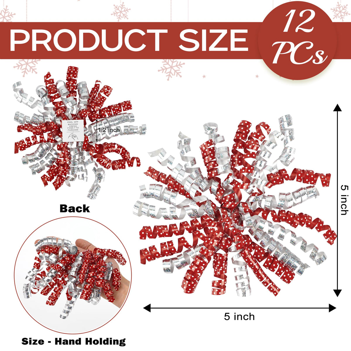 LiBongTa 12 PCs Bows 5" Silver and Red Bow Ornaments with White Dots