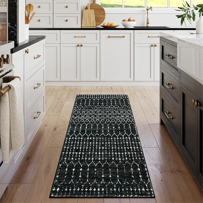 Lahome Moroccan Black Area Rug Non-Slip Low-Pile Washable Entryway Rug Kitchen