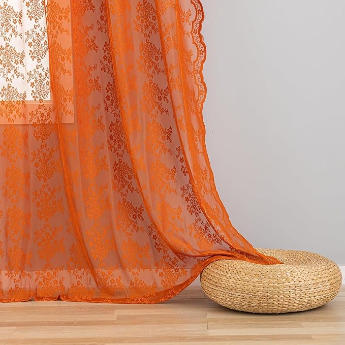 YJ YANJUN Vintage Lace Curtains 90 Inches Long-Rustic Floral Burnt Orange Sheer