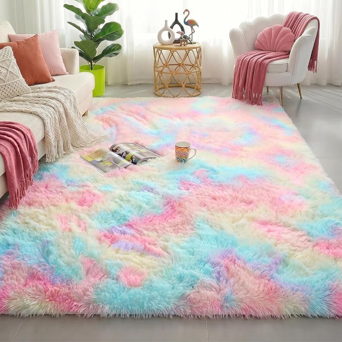 Amdrebio Rainbow Unicorn Large Fuzzy Rug 8x10