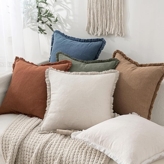 MIULEE Linen Fringe Decorative Euro Throw Pillow Covers Blue Ashes 28x28 | Set