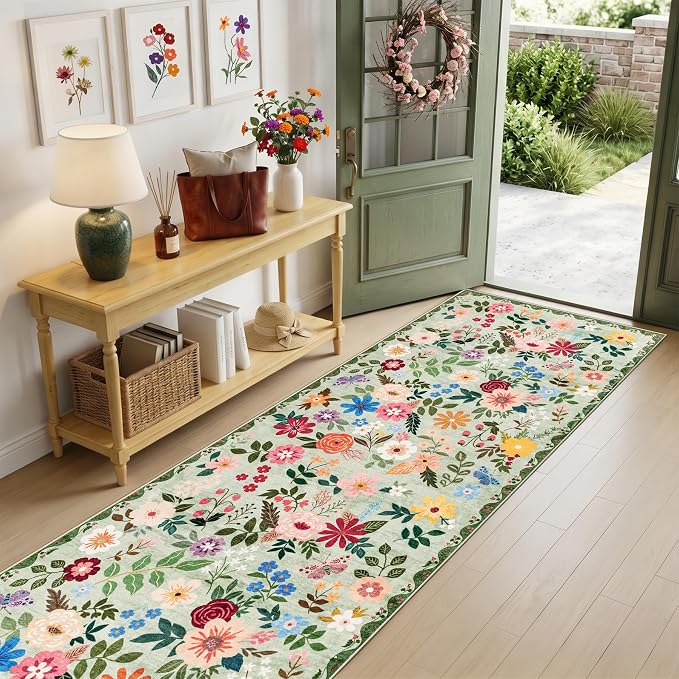 PLHXFR 2.6x14 Washable Runner Rug：Floral Indoor Kitchen Soft Carpet Green |