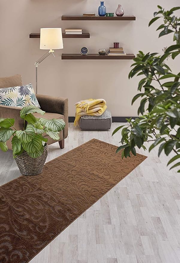 Custom Length Hallway Runner Rug, Slip Resistant, Floral Brown, 26 Inch X 3 feet