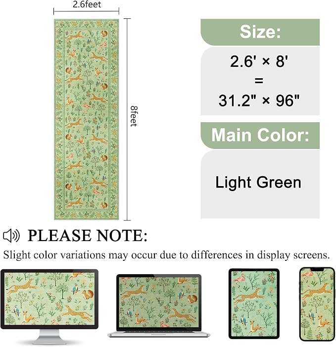 DUKINO 2.6x8 Rug for Hallway, Washable Kitchen Rugs Non Slip, Light Green | Low