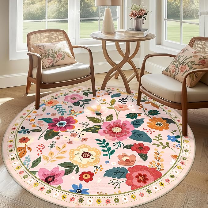RELEANY Floral Washable Round 6ft Area Rug Pink | Flower Carpet Print Boho Cute