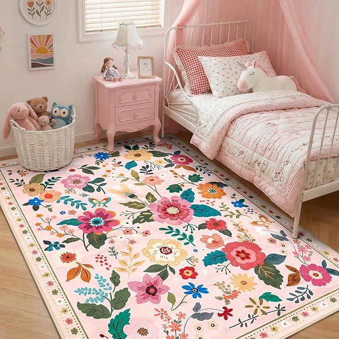 RELEANY Floral Washable 4x6 Area Rugs Pink | Flower Carpet Print Boho Cute Non