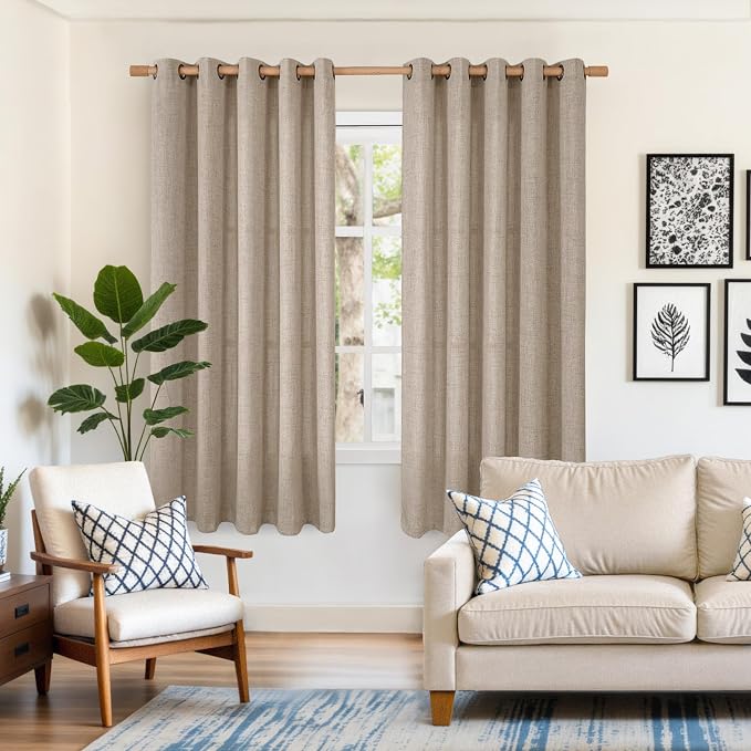 YoungsTex Oatmeal Linen Curtains 60 x 63 Inch Length 2 Panels Set | Wide Semi