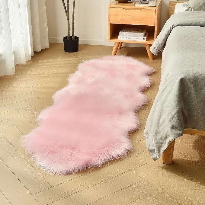 duduta Pink Faux Sheepskin Runner Rugs 2x6 ft, Fluffy Fur Couch Covers | Shag