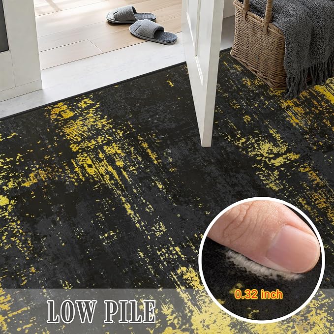 3x10 Washable Runner Rug：Modern Abstract Soft Carpet Black Gold |