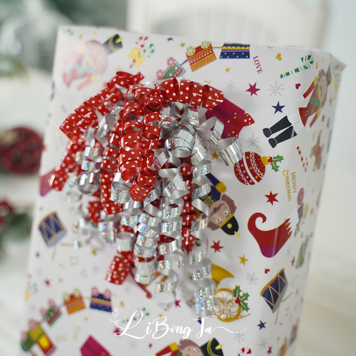 LiBongTa 12 PCs Bows 5" Silver and Red Bow Ornaments with White Dots