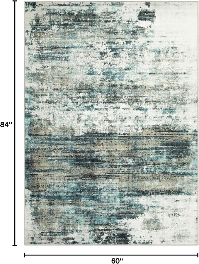 5x7 Area Rugs for Living Room: Washable Abstract Teal Green Badroom Carpet |