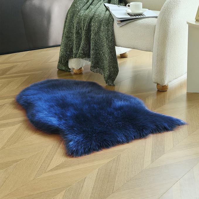 Navy Blue Faux Sheepskin Throw Rug 2x3 ft, Small Fluffy Fur Chair Cover | Shag