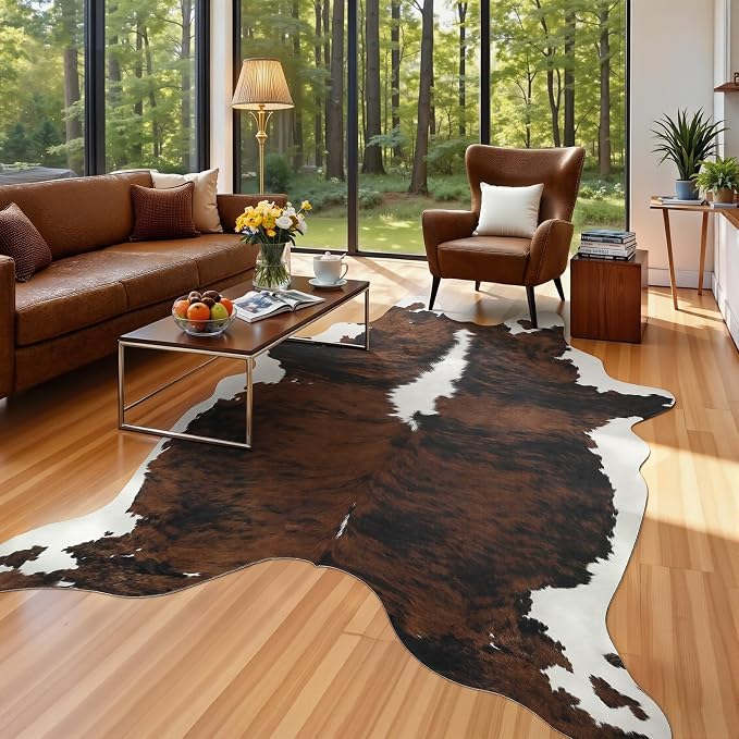 Faux Cowhide Rug, Animal Cow Hide Rug, 4.6 x 5.2 Ft Black and Brown | Premium