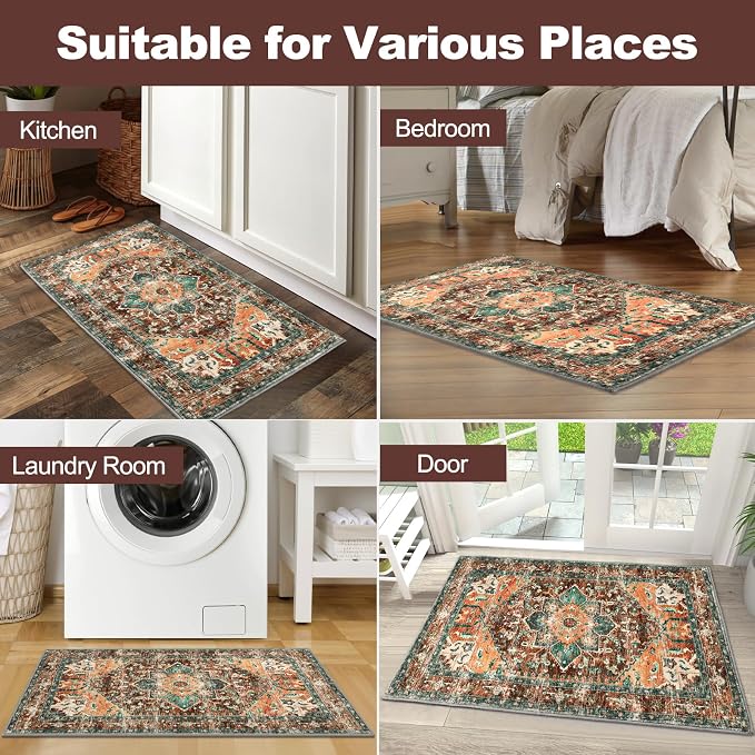 Yamaziot Washable Area Rug, 2x3 Small Boho Vintage Entryway Non-Slip Rug |