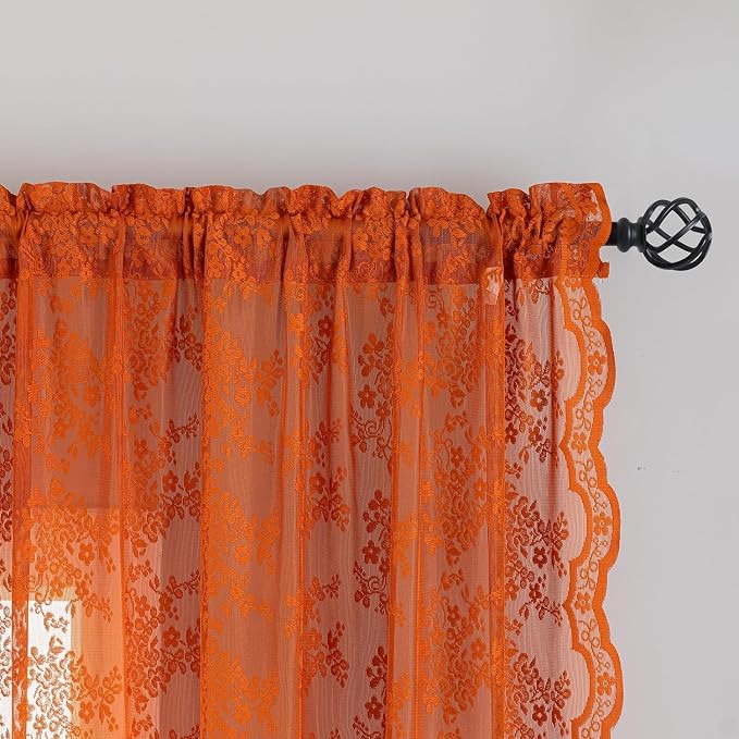 YJ YANJUN Vintage Lace Curtains 90 Inches Long-Rustic Floral Burnt Orange Sheer