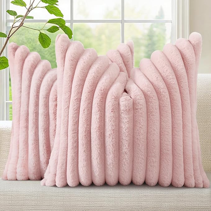 decorUhome Fall Faux Fur Throw Pillow Covers 20x20 Set of 2 Pink | Decorative