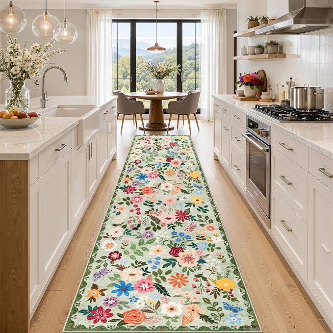 PLHXFR 2.6x14 Washable Runner Rug：Floral Indoor Kitchen Soft Carpet Green |