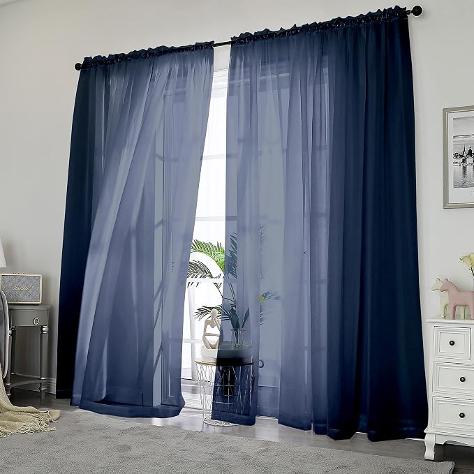 Blue Sheer Curtains, Sheer Curtains 84 inch Length 2 Panels Set, Rod Pocket