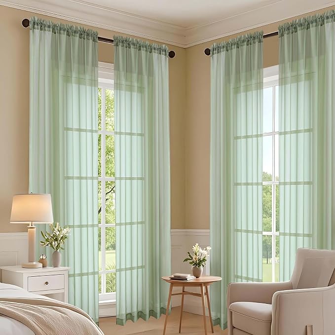 Sheer Sage Green Curtains 108 Inches Long 2 Panels Set, 59 Inch Extra Wide