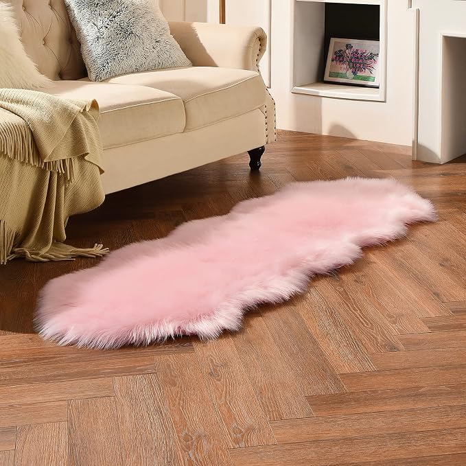 duduta Pink Faux Sheepskin Runner Rugs 2x6 ft, Fluffy Fur Couch Covers | Shag