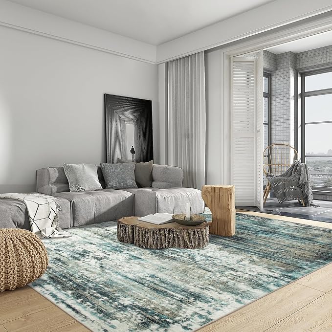 5x7 Area Rugs for Living Room: Washable Abstract Teal Green Badroom Carpet |