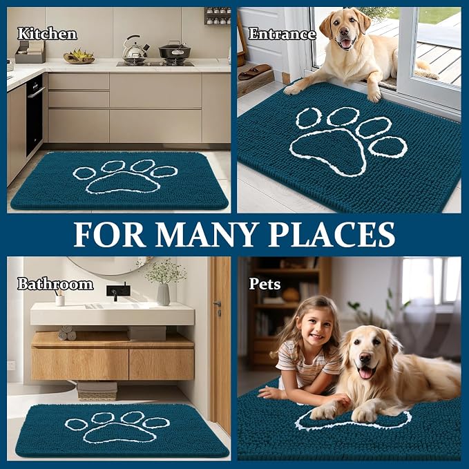 OLANLY Dog Door Mat for Muddy Paws 47x24, Paw Print Design Chenille Mud Mat |