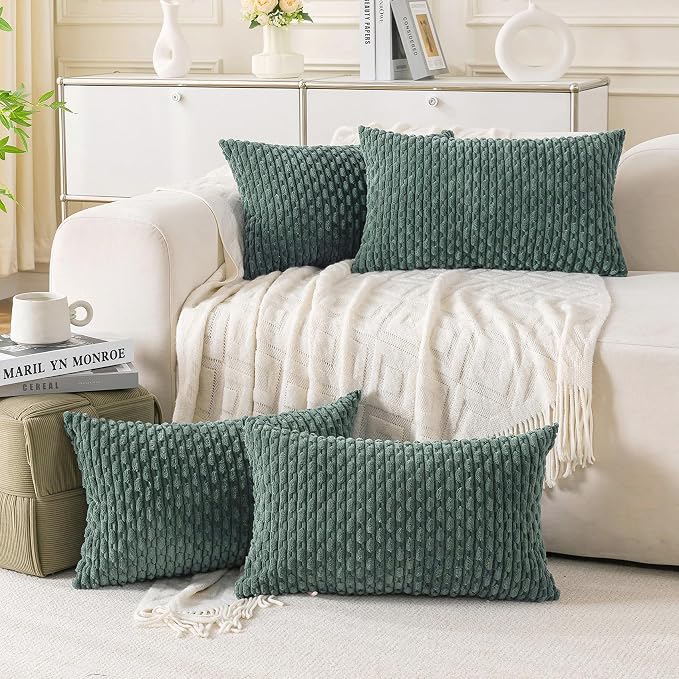 Set of 4 Teal Green Decorative Throw Pillow Covers 18x18 Inch Corduroy Pillow
